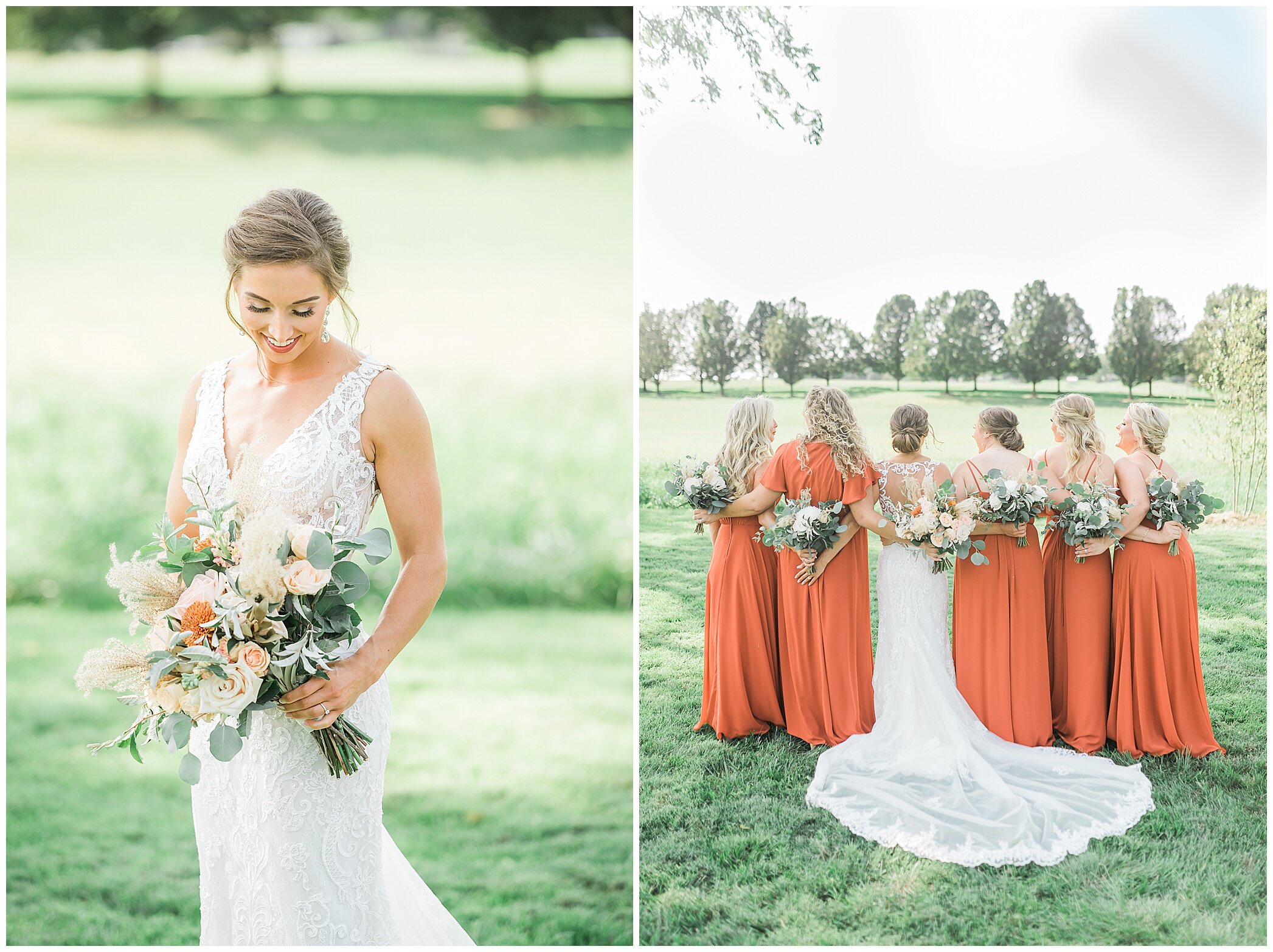 fall wedding portrait of bride and bridesmaids in burnt orange gowns
