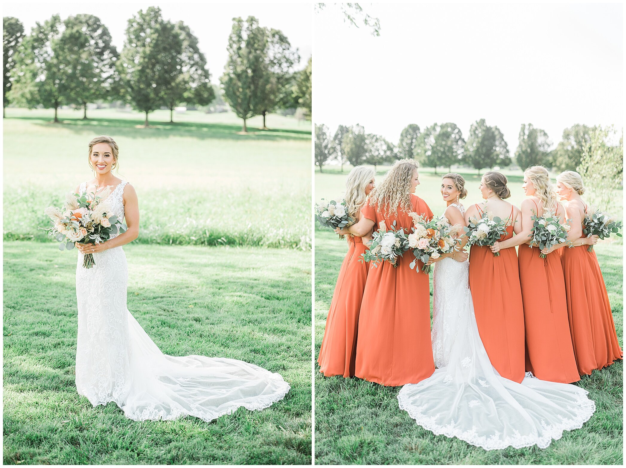 bride poses with bridesmaids in burnt orange gowns
