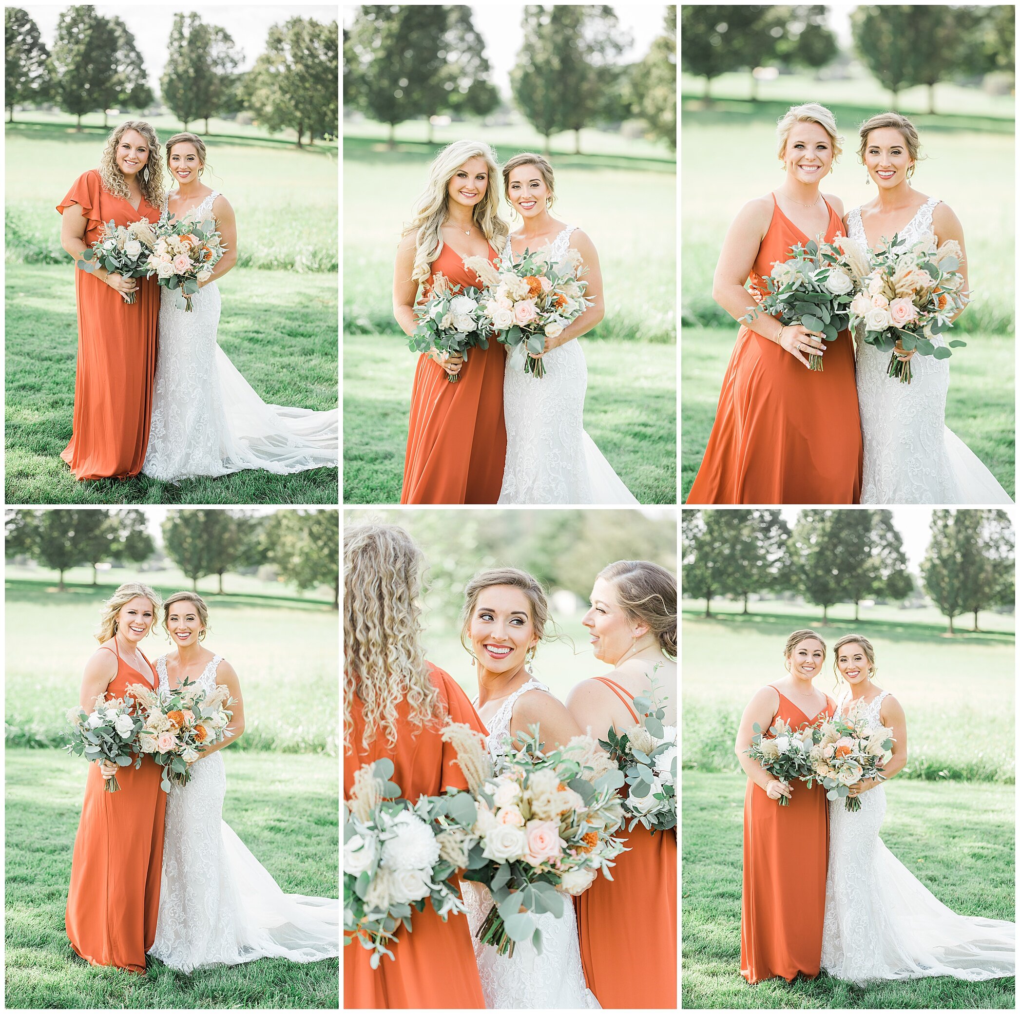 bride poses with bridesmaids in orange gowns
