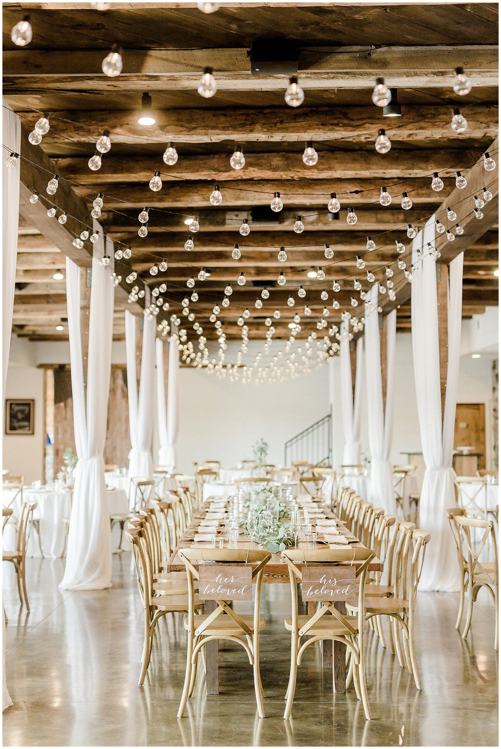 indoor wedding reception at Granary at Valley Pike with rustic details 