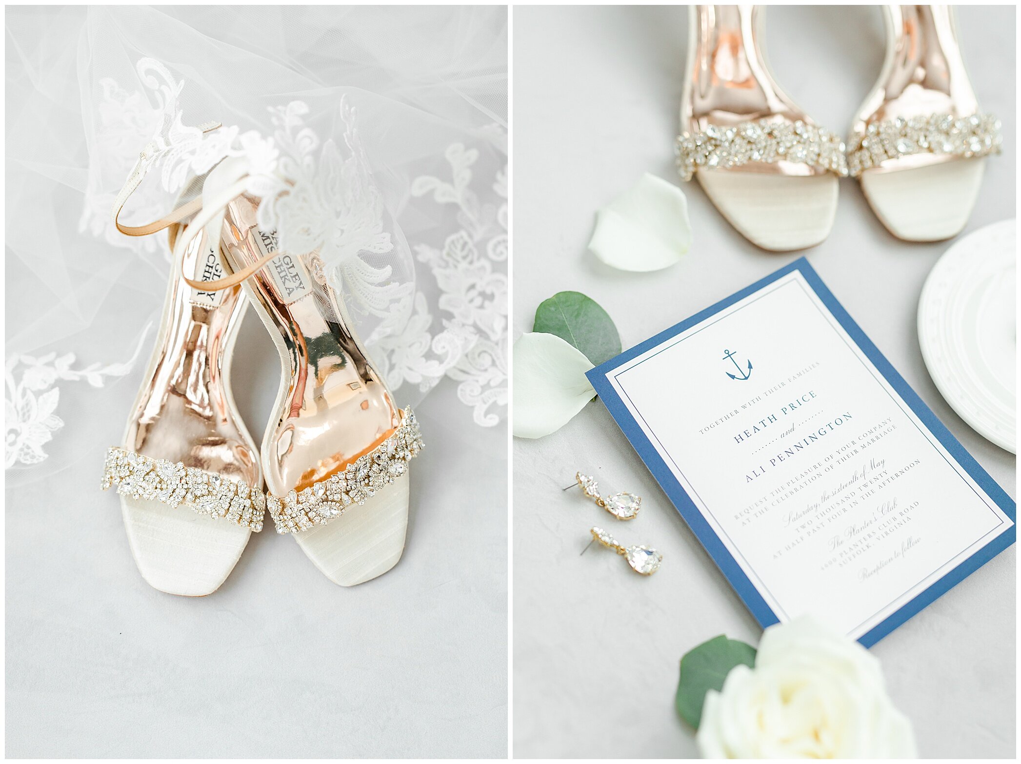 bride's shoes and invitation for Planter's Club wedding