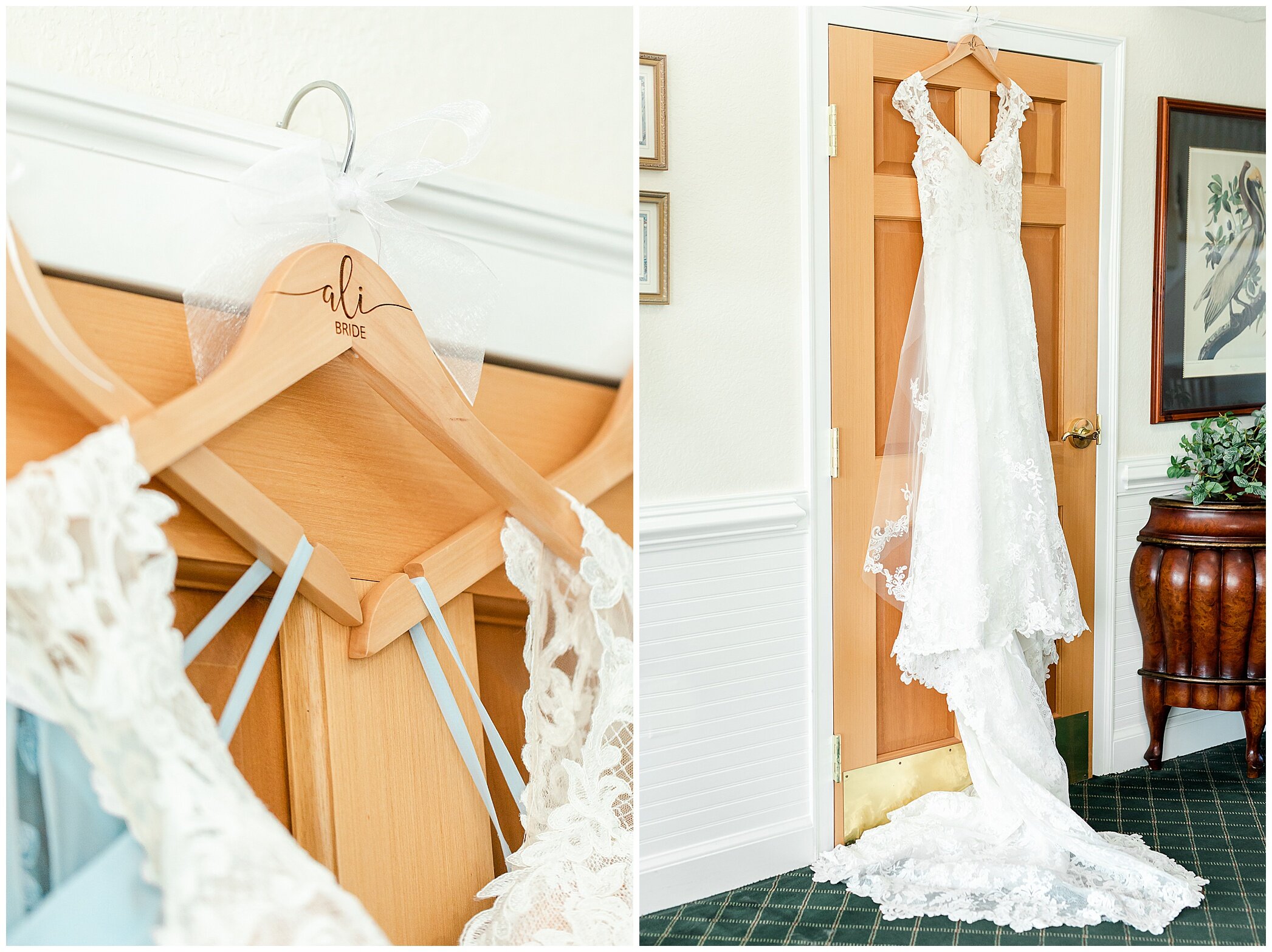 wedding dress hangs on closet door before VA wedding