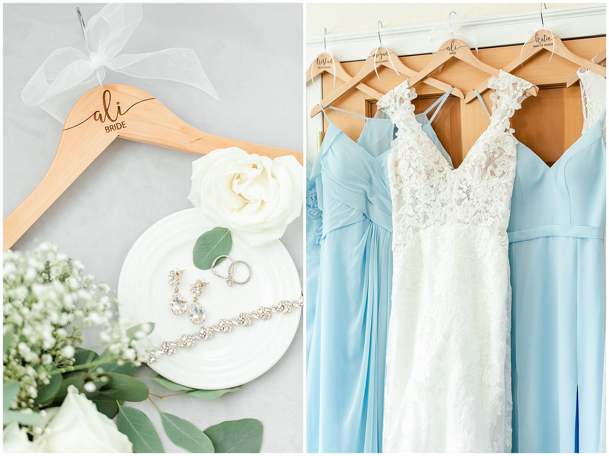 bride's jewelry and bridesmaids pale blue gowns
