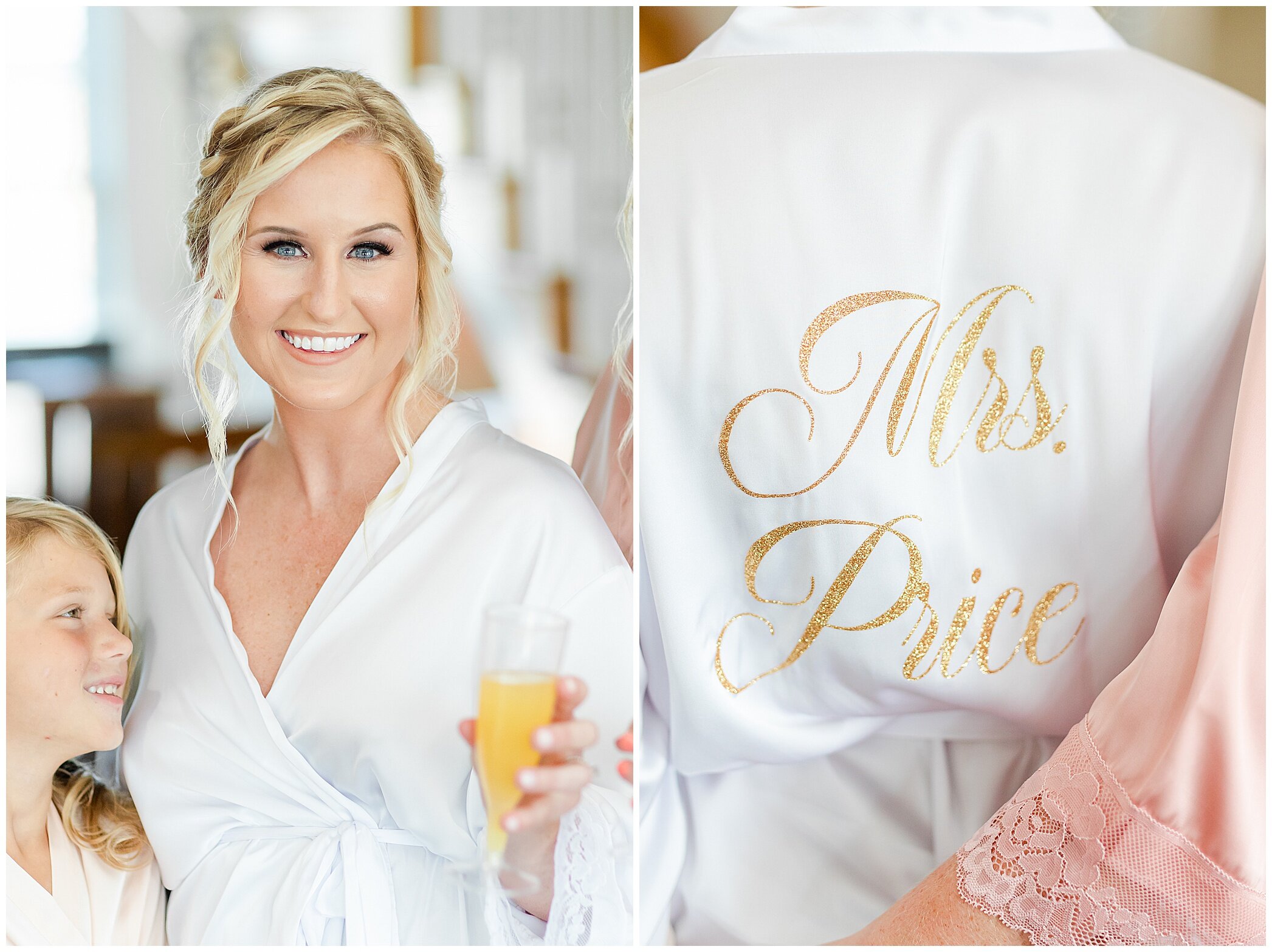 bride has mimosa in custom robe for VA wedding