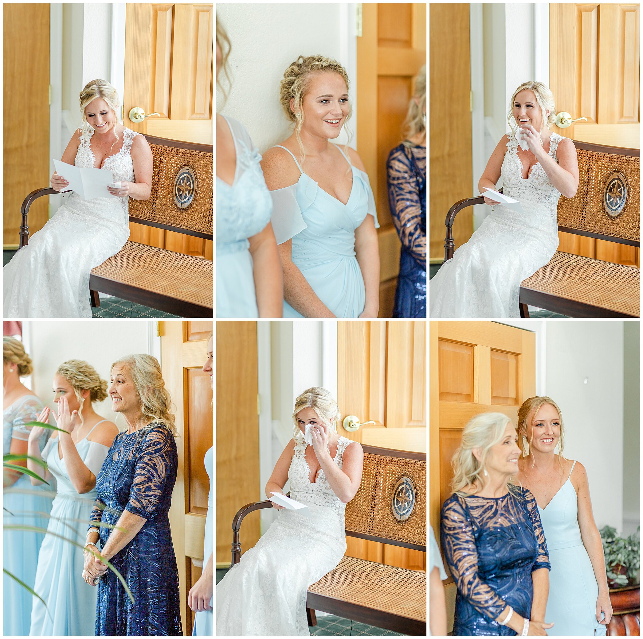 bride cries reading letter from groom while bridesmaids watch