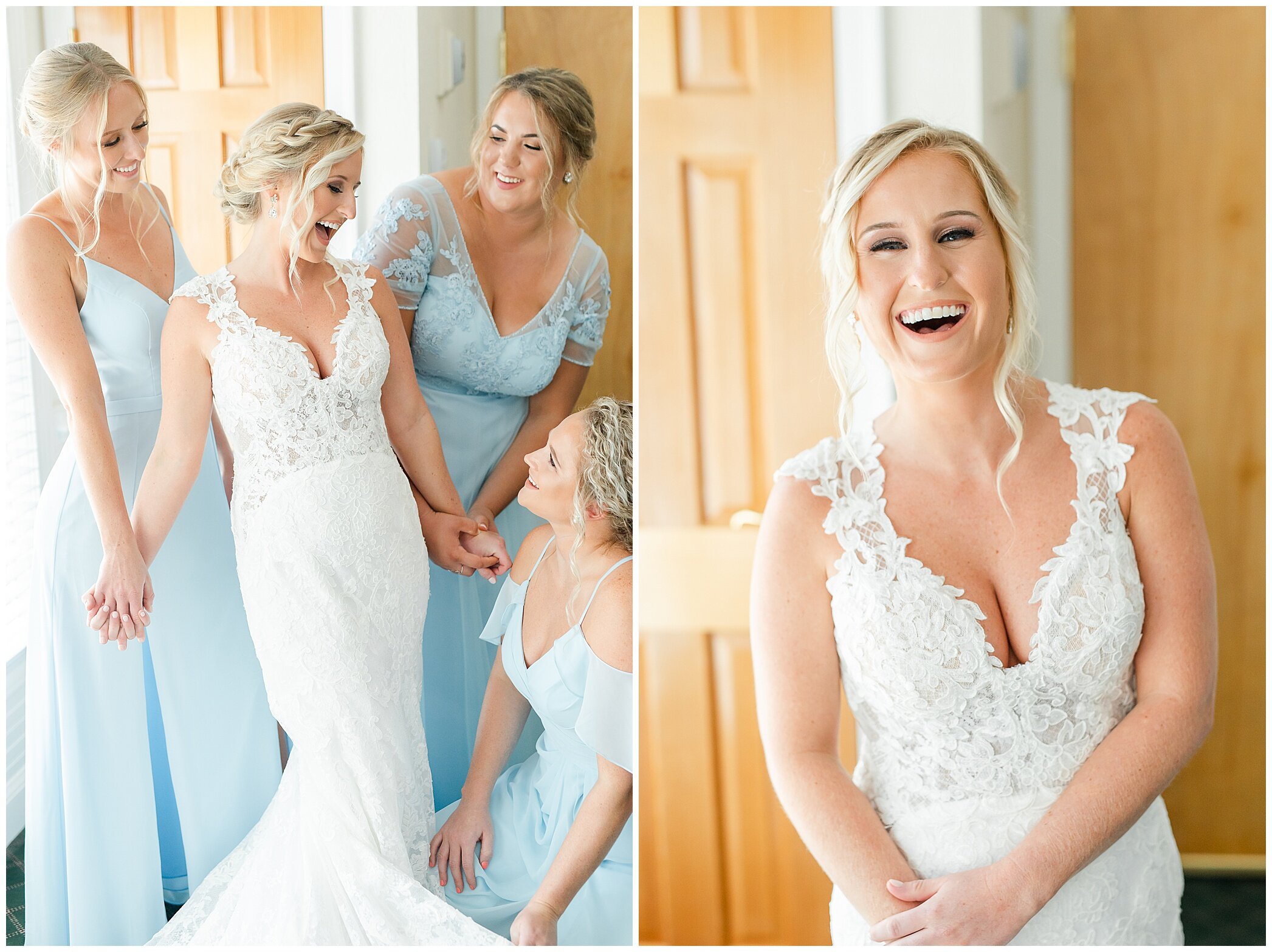 bridesmaids in light blue gowns pose with bride before Planter's Club wedding