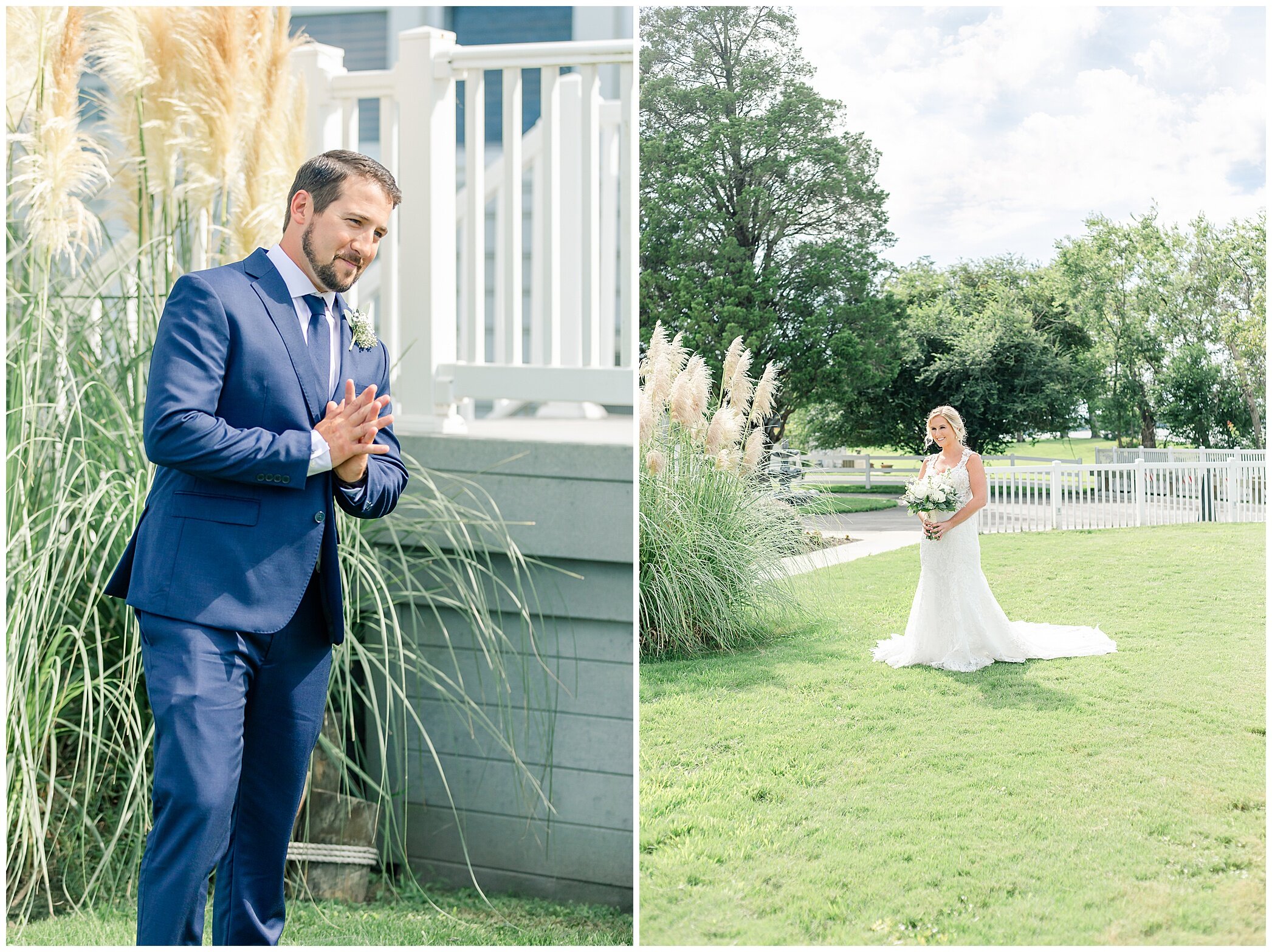 bride walks to groom during first look at Planter's Club