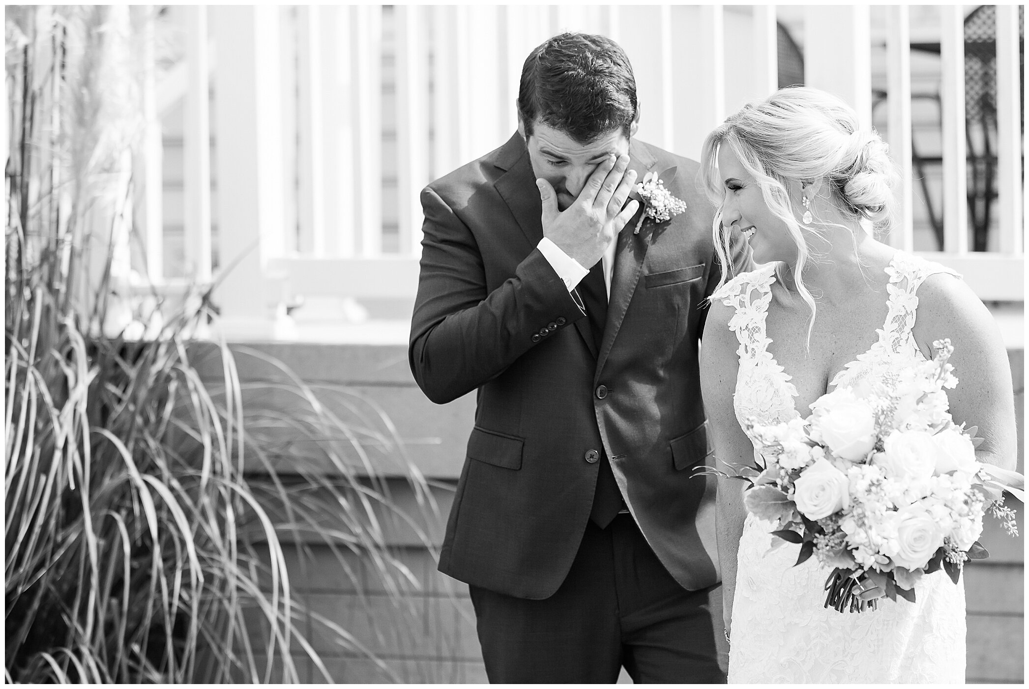 groom cries during first look on wedding day