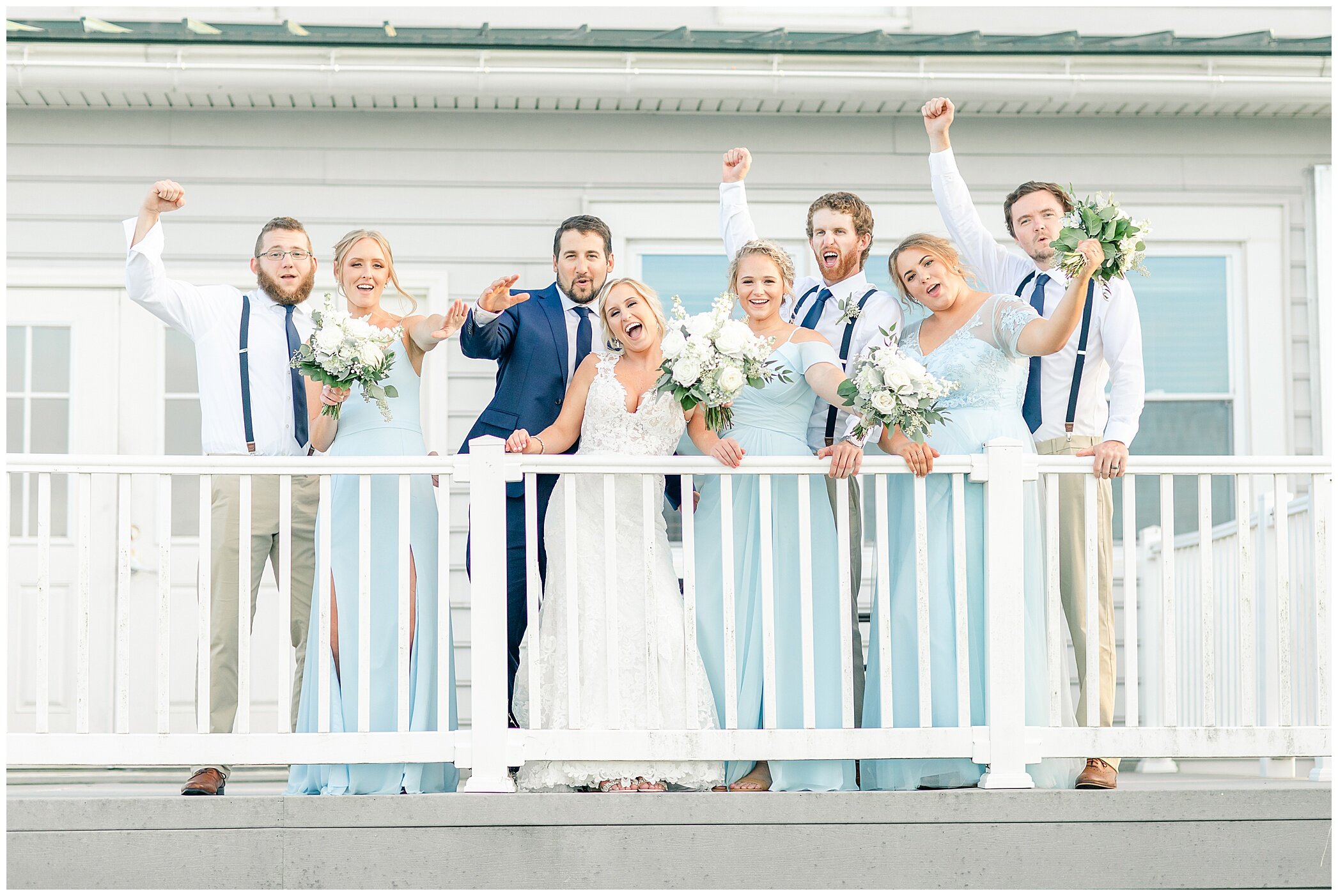 bride and groom cheer with bridal party before Planter's Club wedding