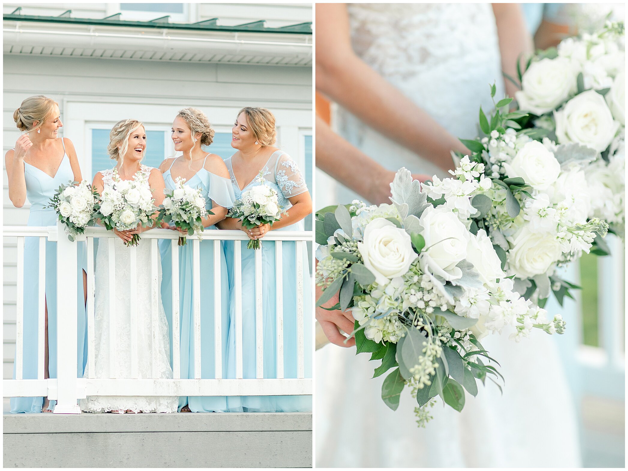 bride stands on balcony with bridesmaids holding white bouquets