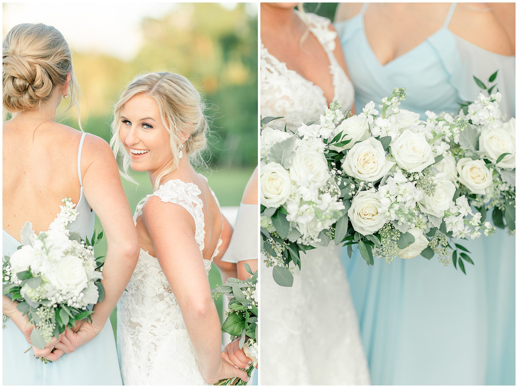 bridesmaids stand with bride holding bouquet of white flowers