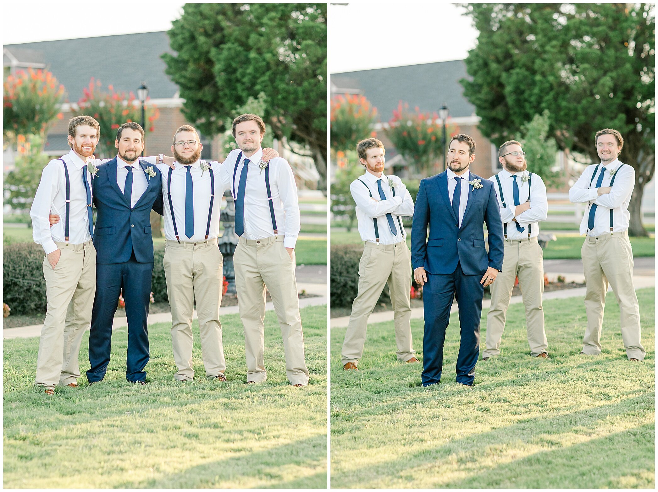 groomsmen pose with groom before Planter's Club wedding