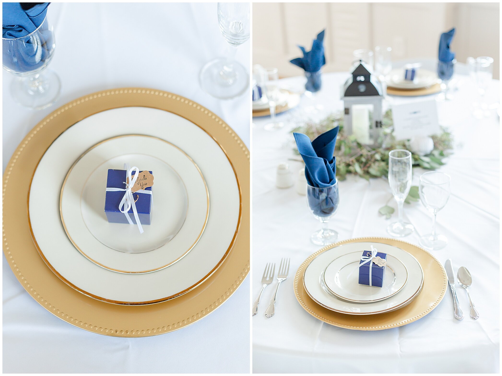 place settings with gold chargers at Planter's Club