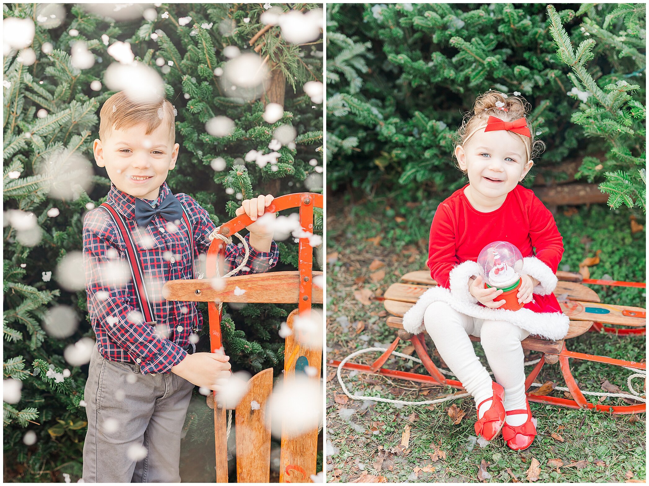 Christmas mini sessions with Ryann Winn Photography at Fleur de Fou with fake snow and vintage sled