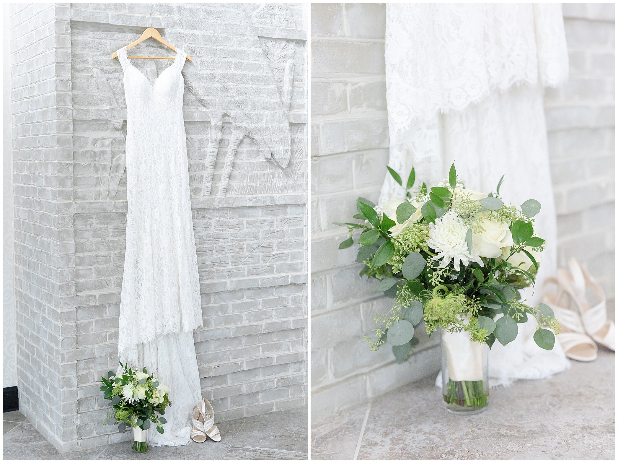 bride's wedding dress and white bouquet before Kiln Creek Golf Club and Resort wedding