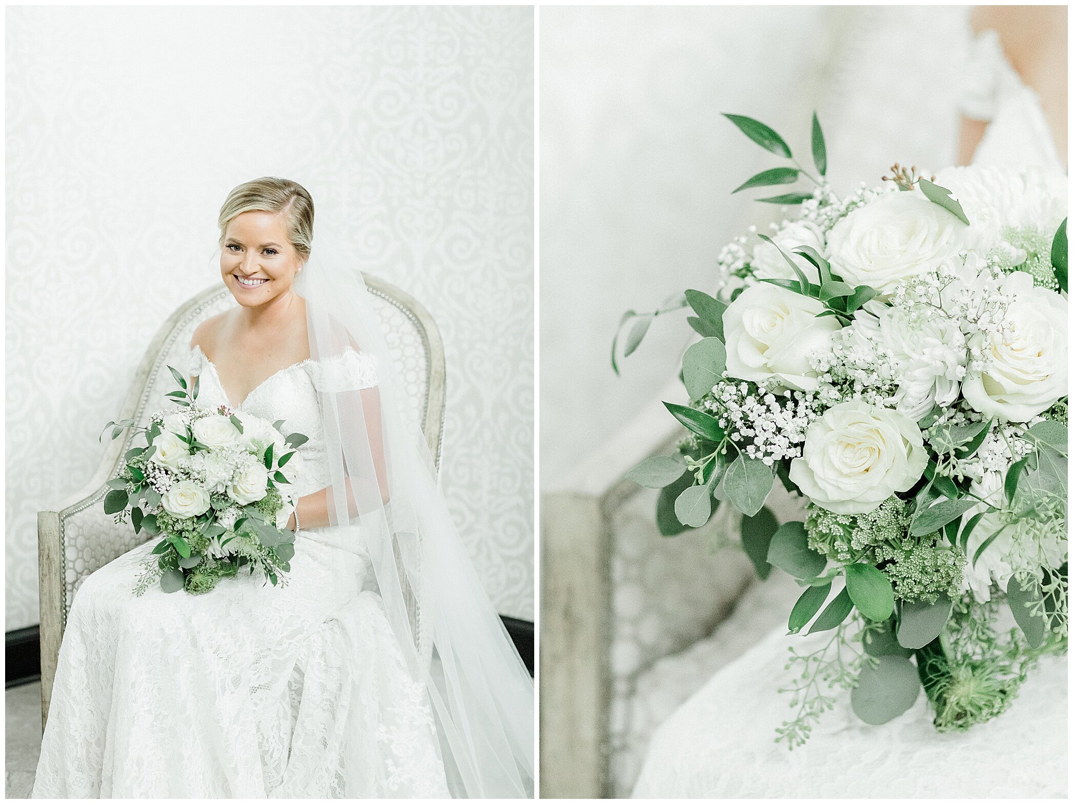 elegant bridal portraits with bride holding all-white bouquet