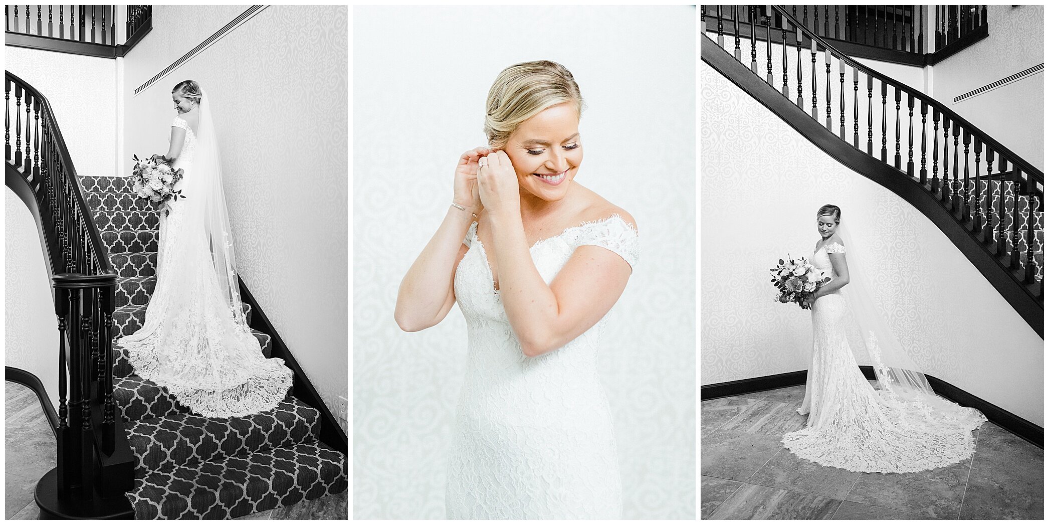 classic bridal portraits on staircase at Kiln Creek Golf Club and Resort