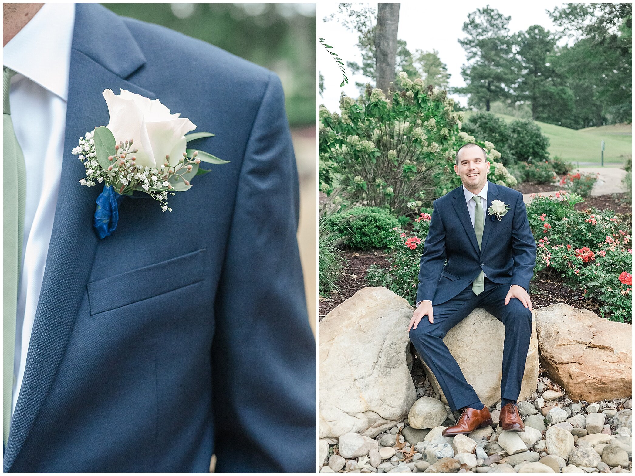 groom in navy suit sits on rocks before Newport News VA wedding