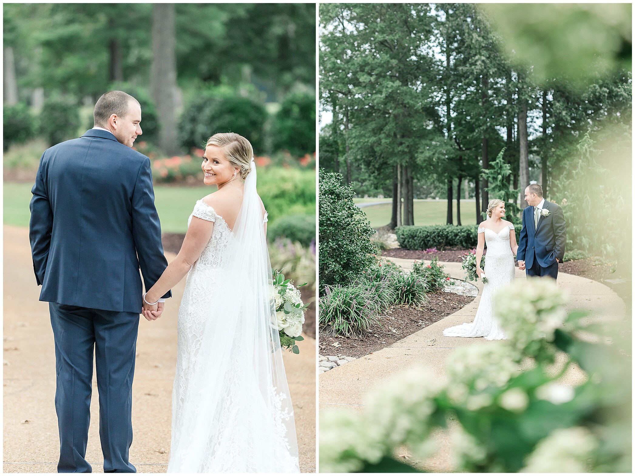 bride and groom walk through Kiln Creek Golf Club and Resort gardens