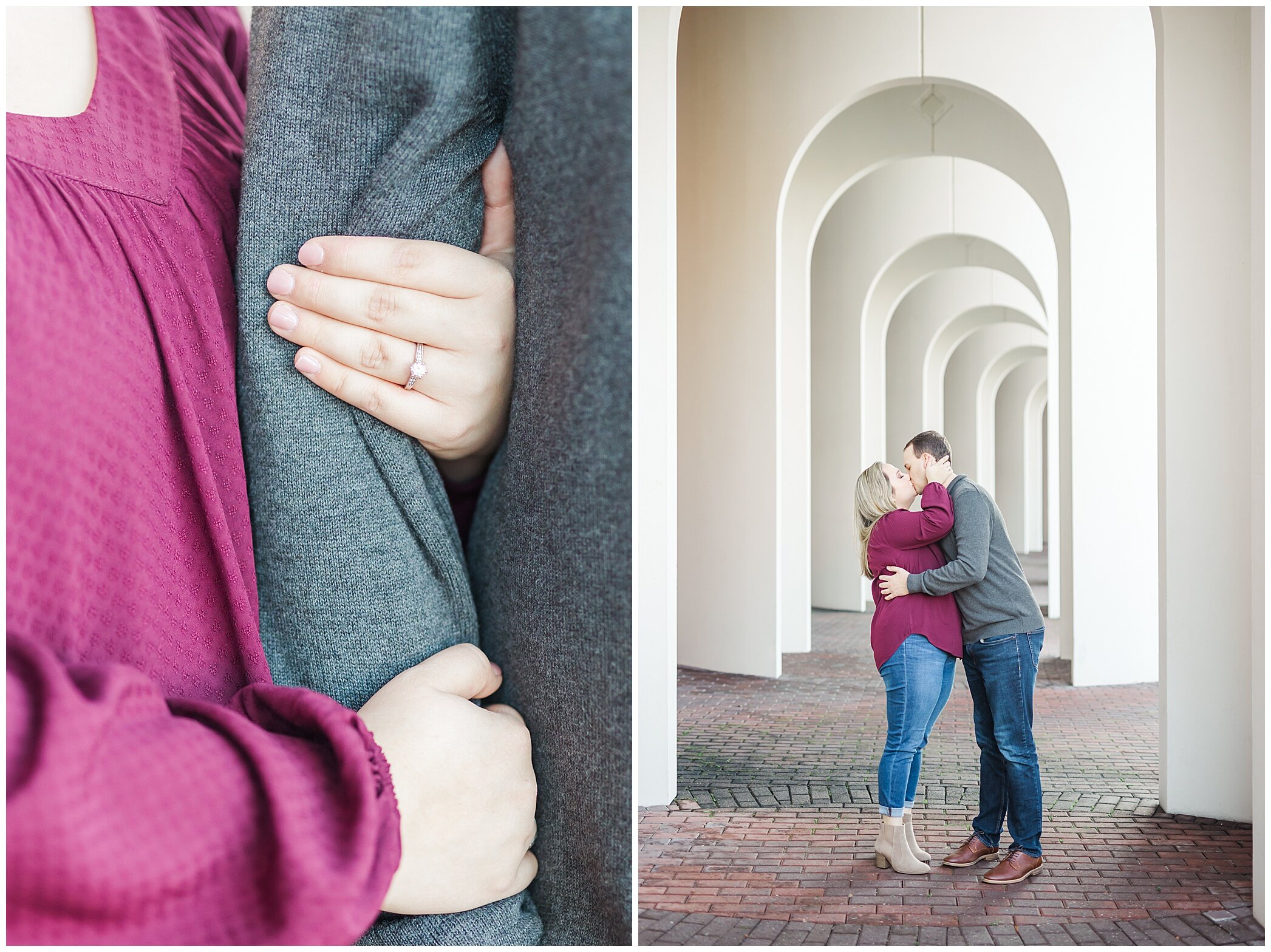 bride holds groom's arm during winter Christopher Newport University engagement session