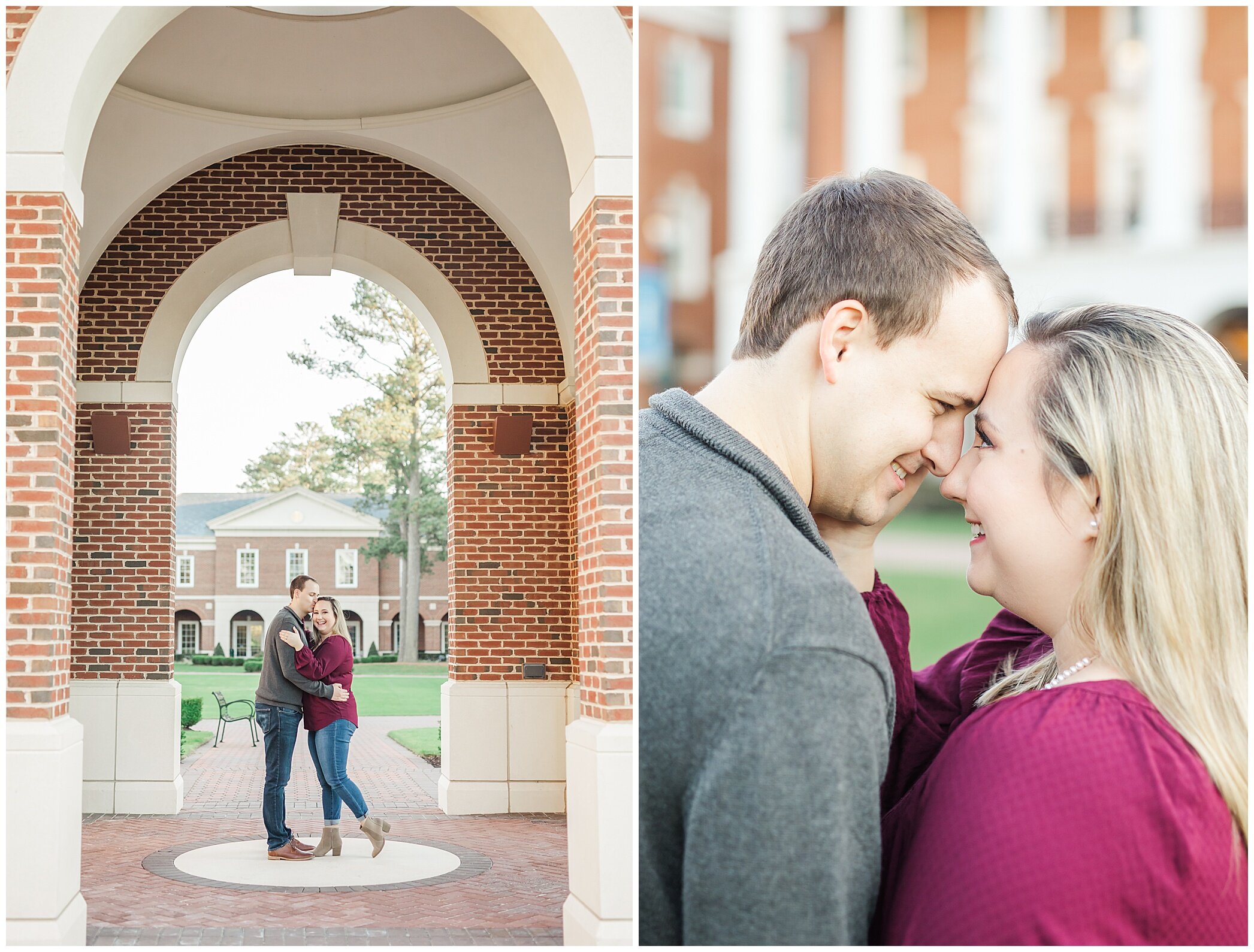 bride and groom pose in bell tower at CNU during engagement photos