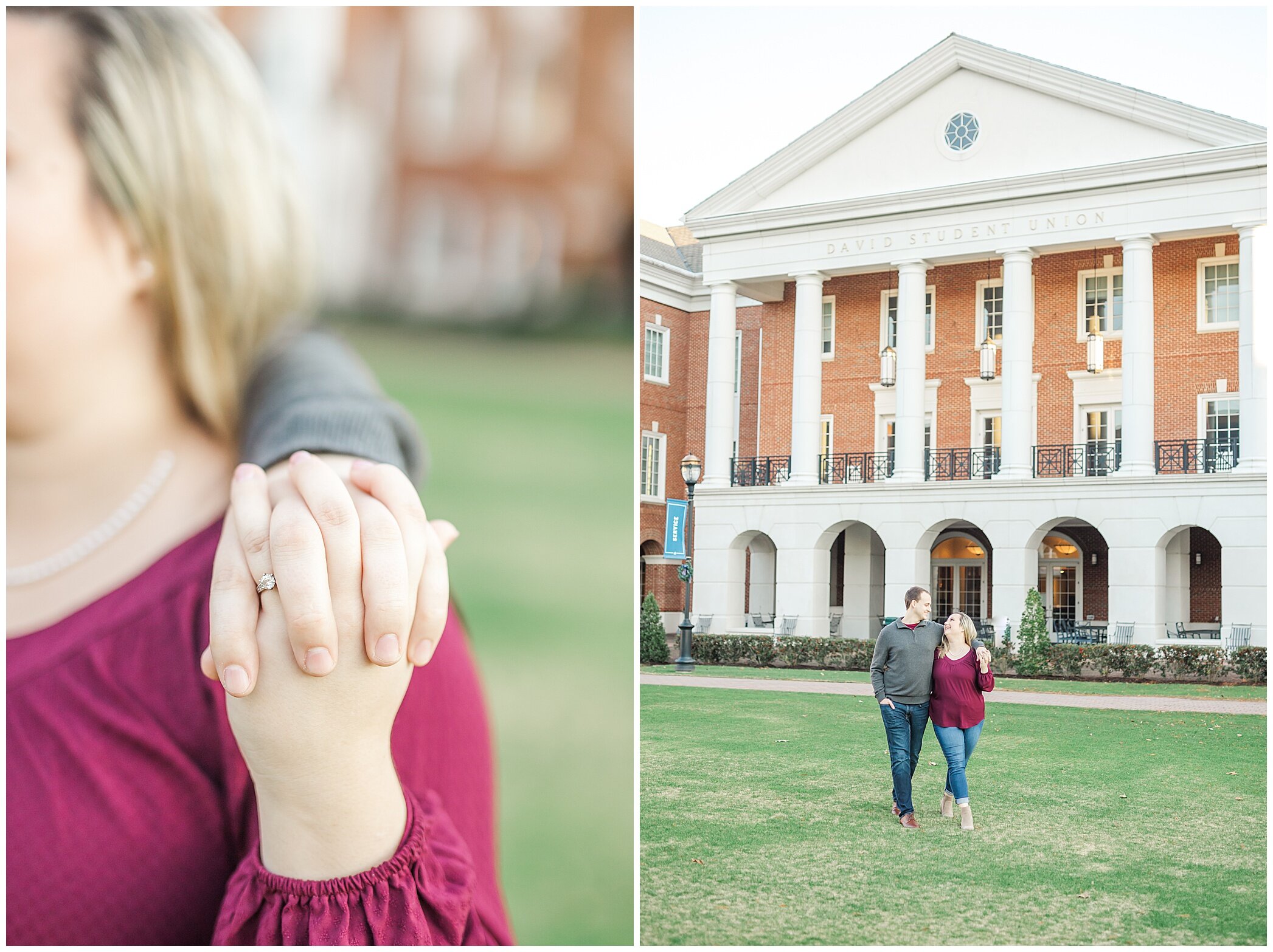 engaged couple stands together in front of Christopher Newport University building