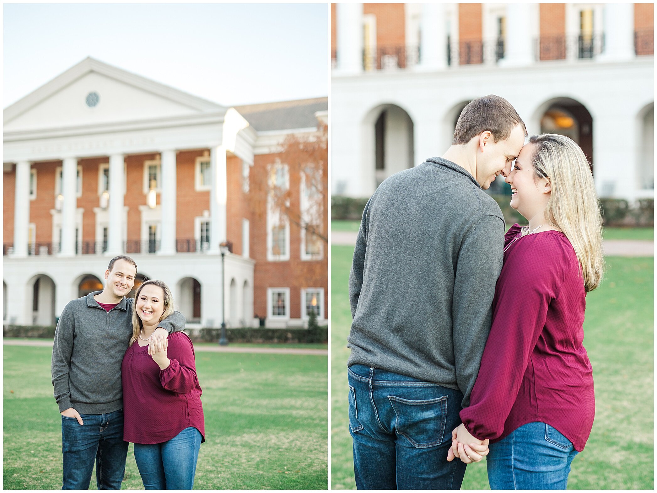 Christmas engagement portraits at Christopher Newport University on great lawn 