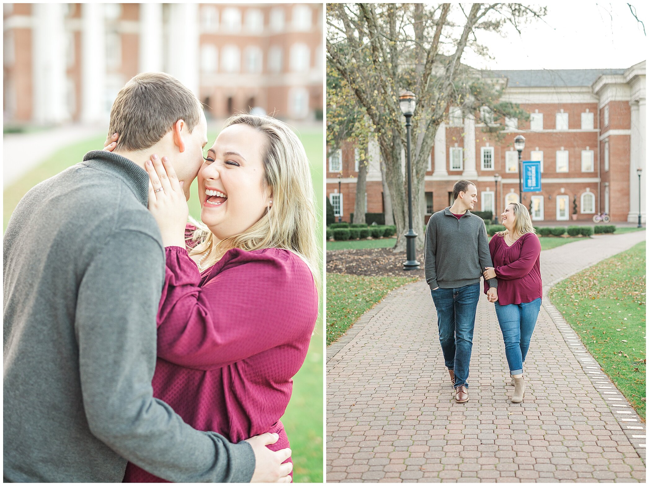 engaged couple walks through Christopher Newport University