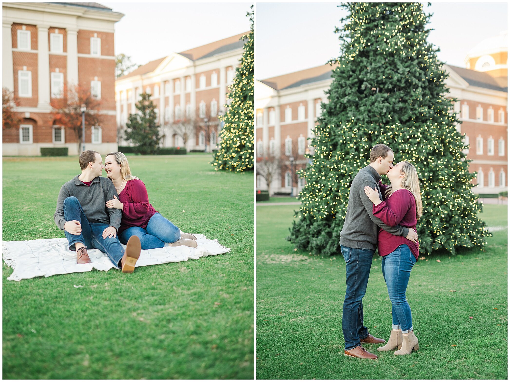 bride and groom pose by Christmas tree during VA engagement photos