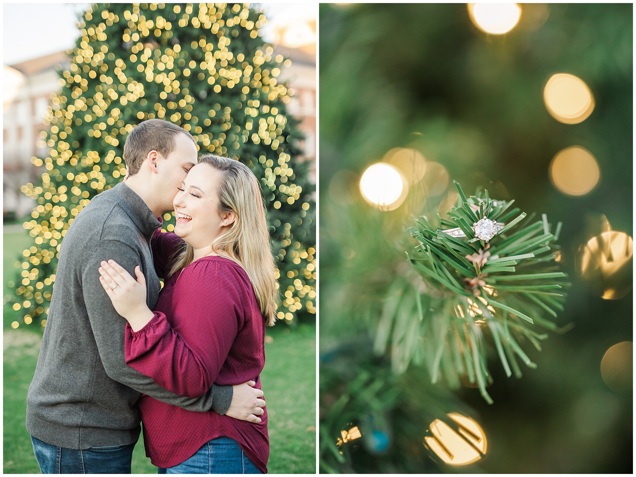 engaged couple poses by Christmas tree at Christopher Newport University