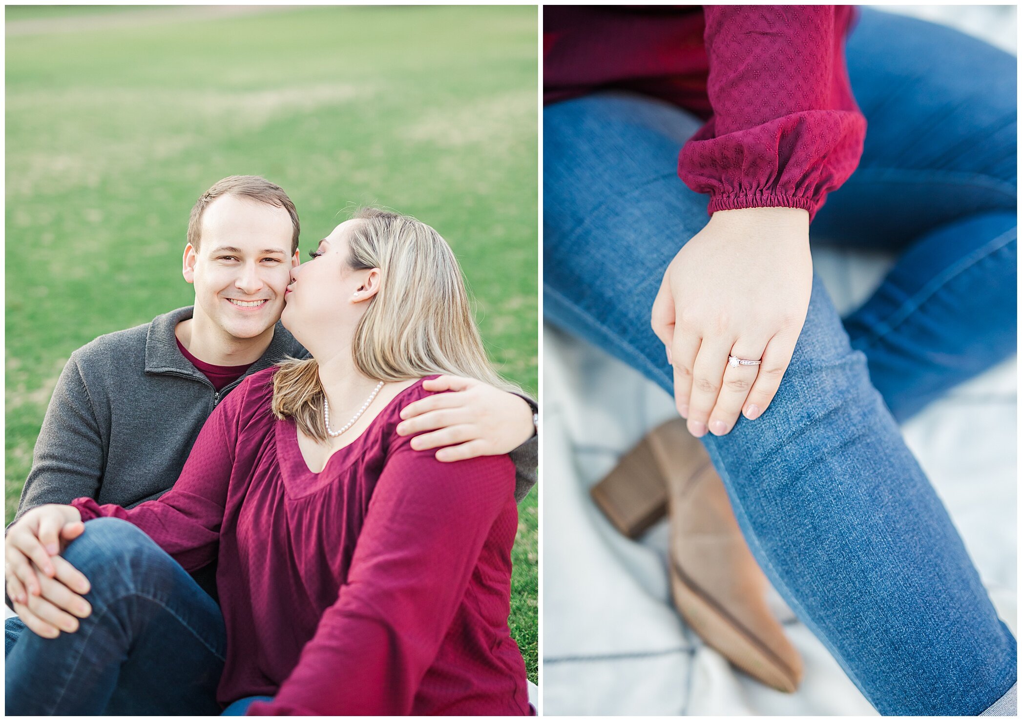 engaged couple kisses on lawn at Christopher Newport University