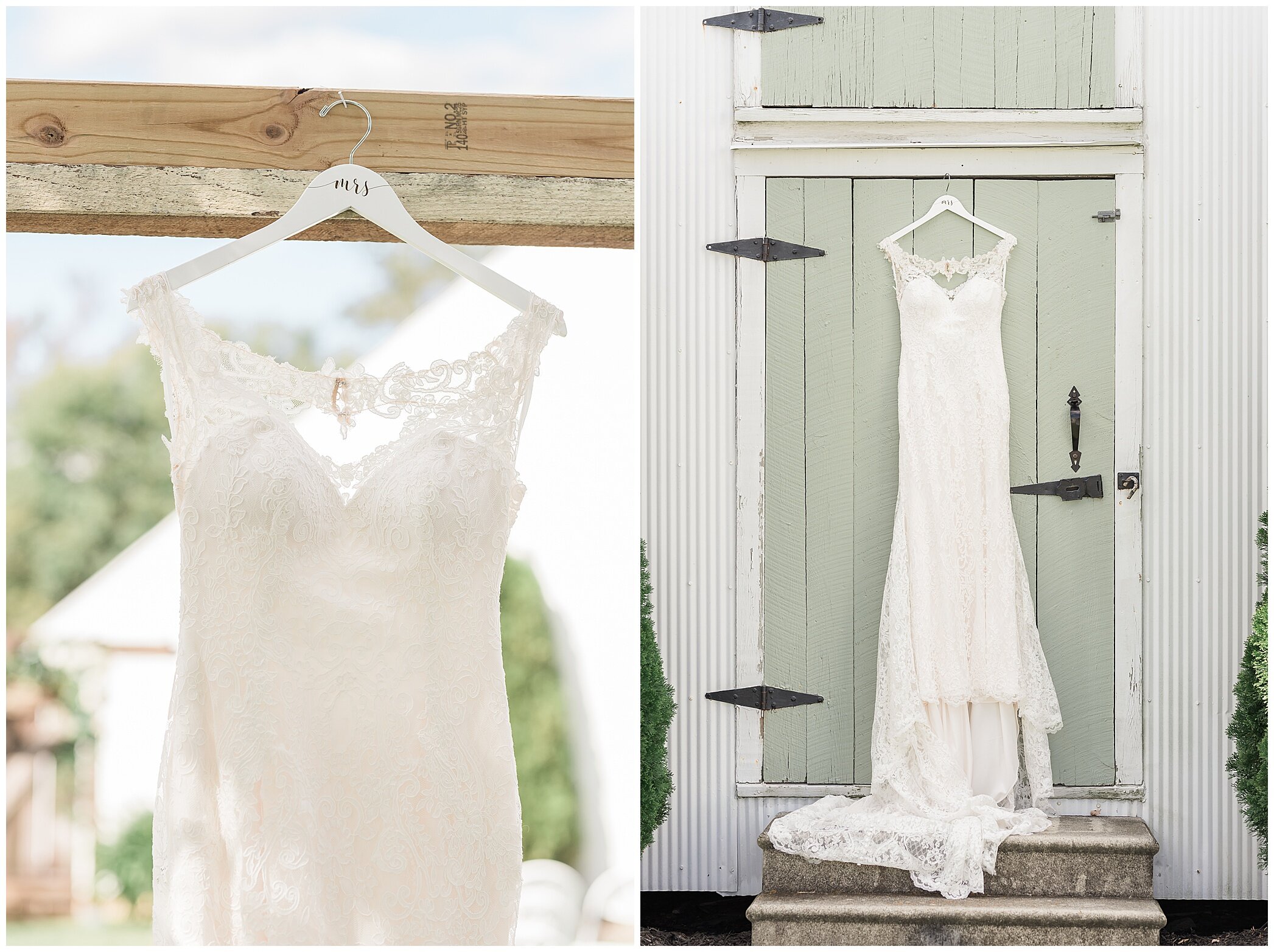 K &amp; B Bridal wedding dress hangs at the Barns at Timberneck