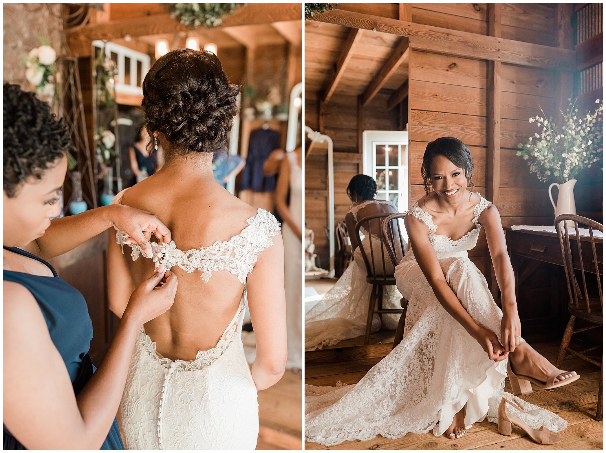 bridesmaid helps bride with wedding gown before Barns at Timberneck wedding