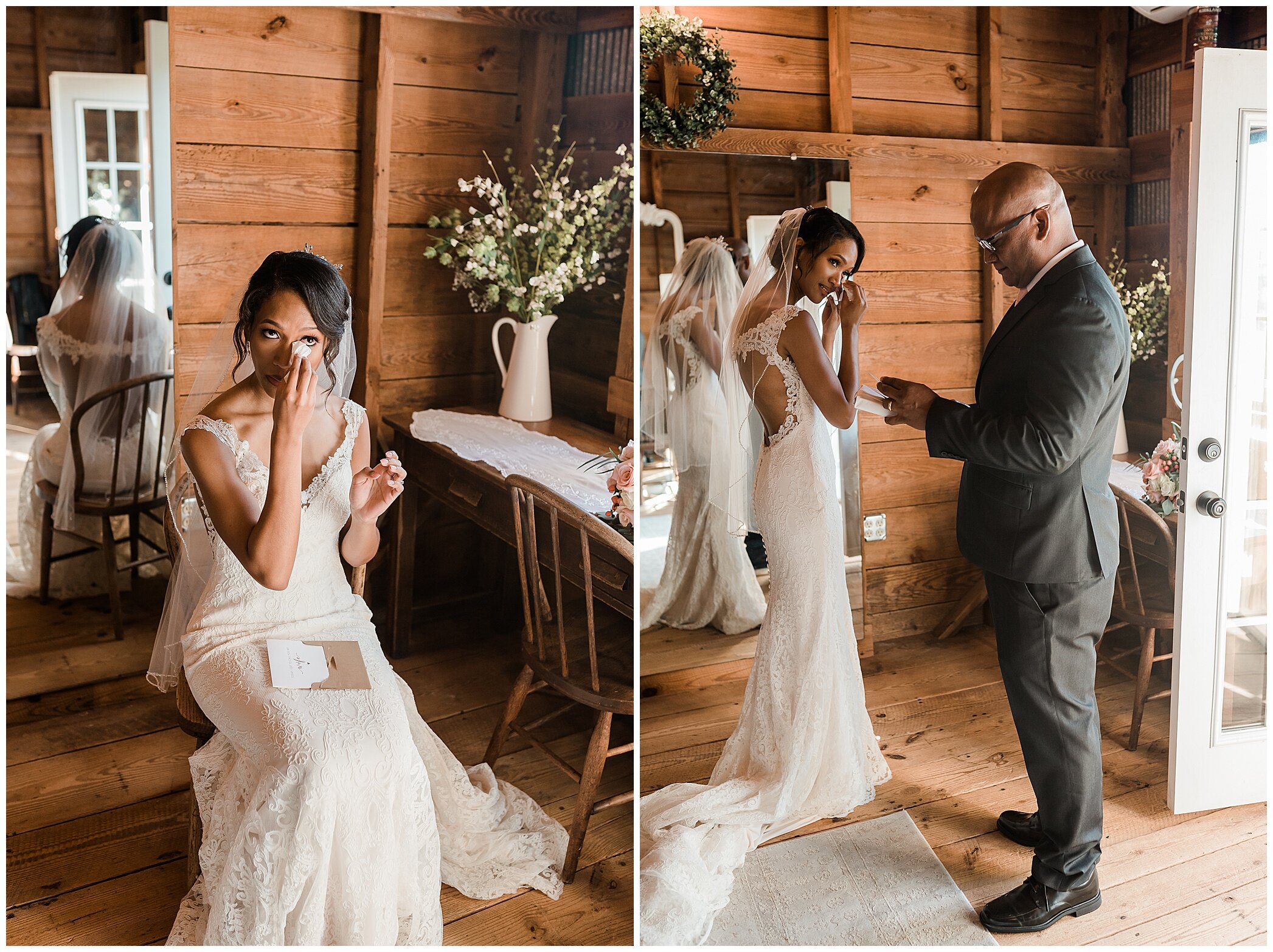 bride cries during first look with dad
