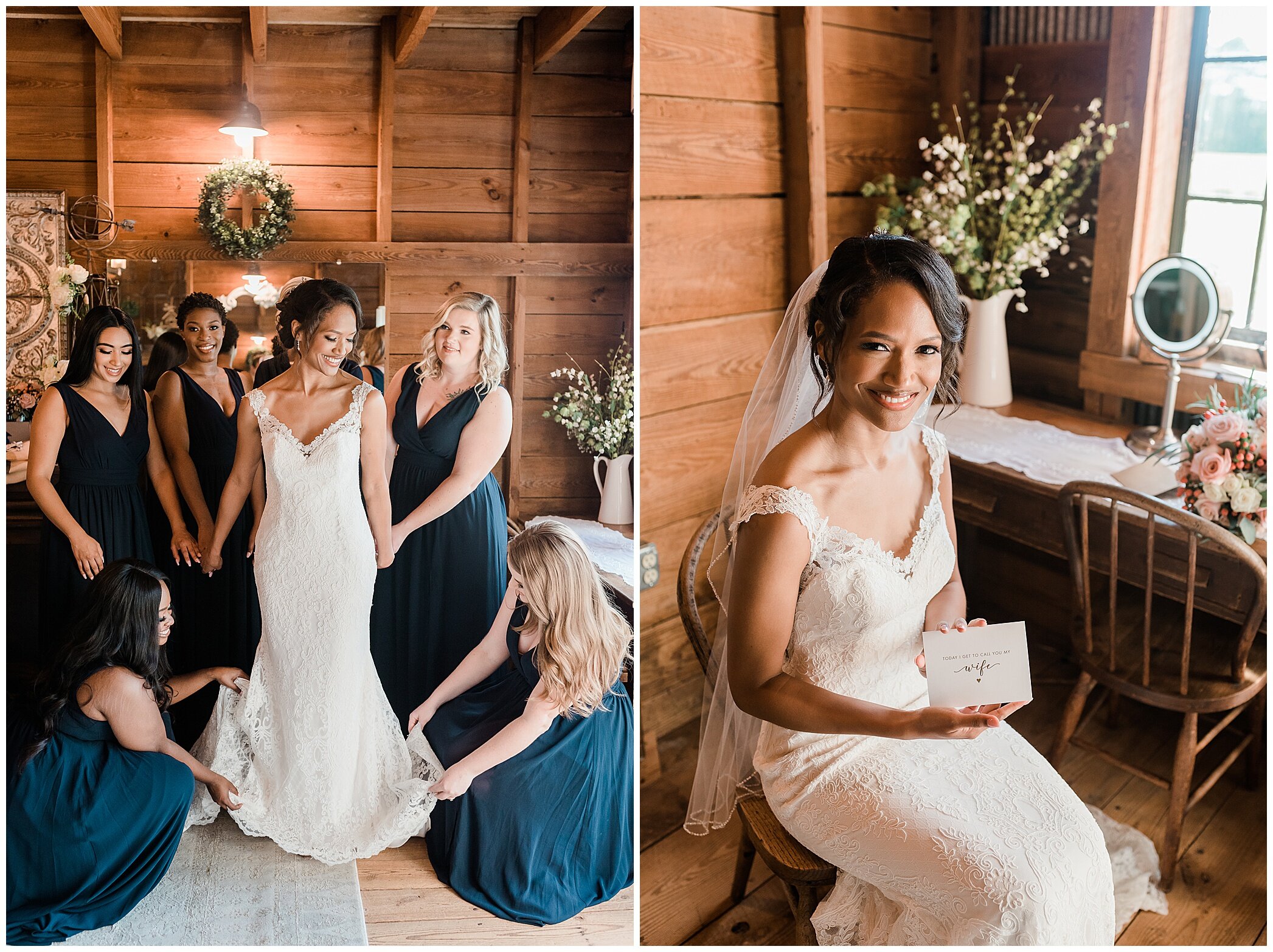 bride gets ready for Barns at Timberneck wedding with bridesmaids in teal gowns