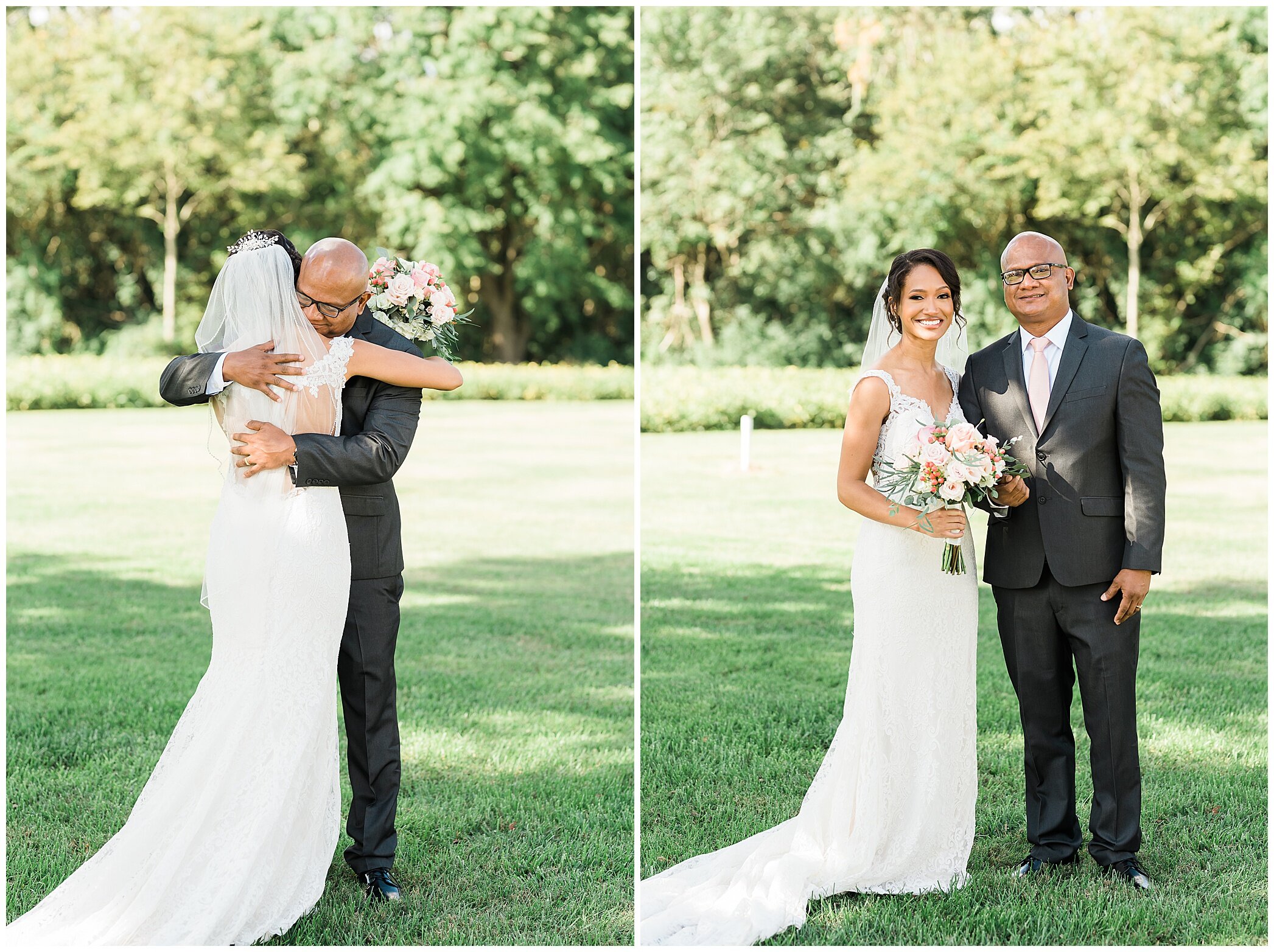 bride and dad hug during wedding morning first look 