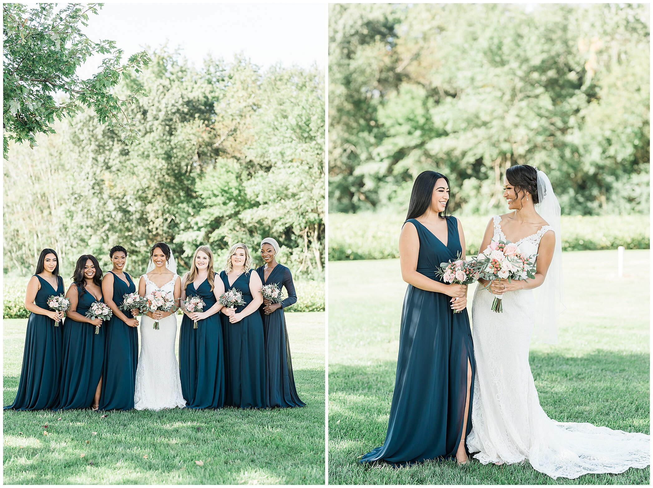 bridesmaids in teal gowns hold bouquets from the main event by Emily 