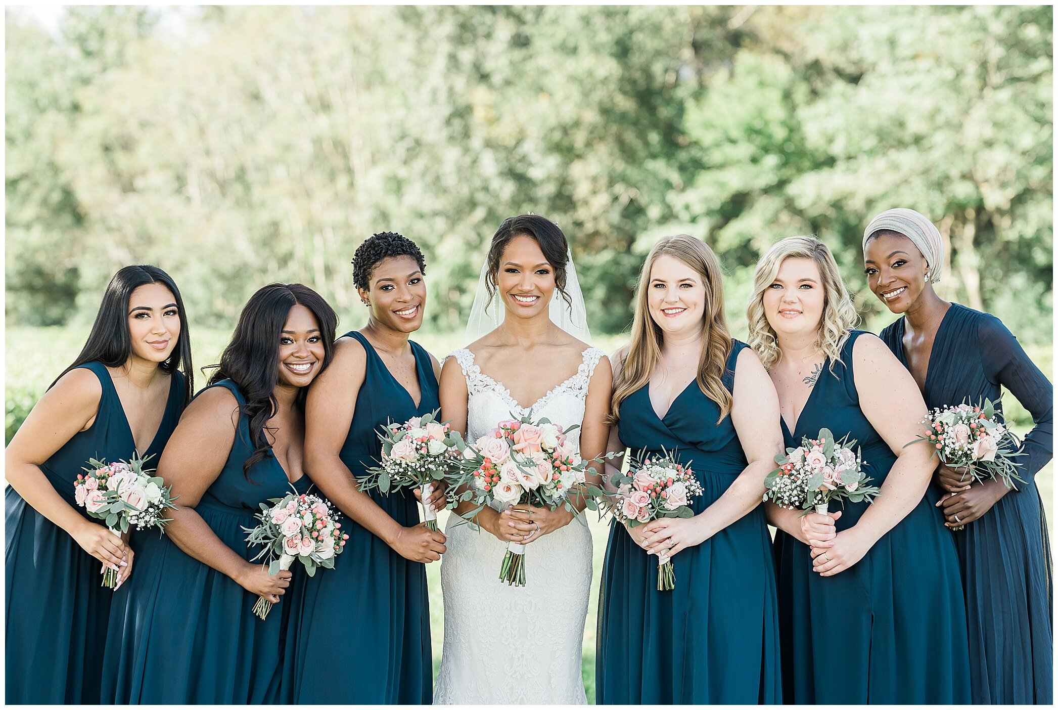 fall wedding day at Barns at Timberneck with bridesmaids in teal gowns
