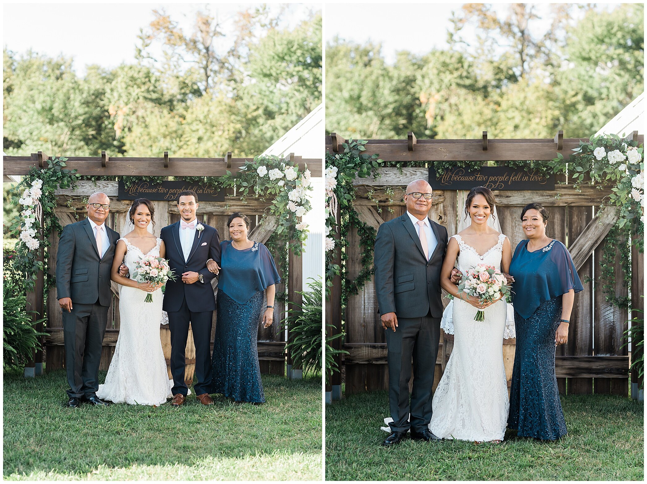 family portraits by outdoor wooden arbor at The Barns at Timberneck