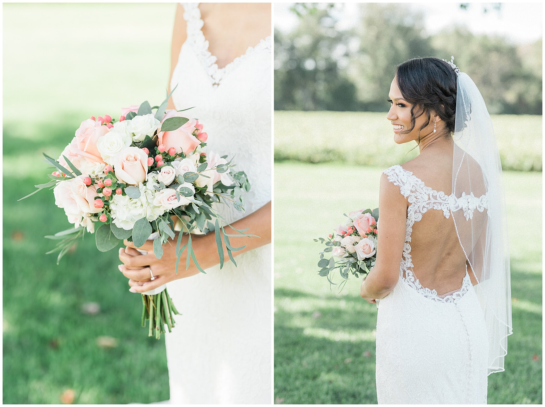 bride holds bouquet of pink and ivory flowers for fall wedding 