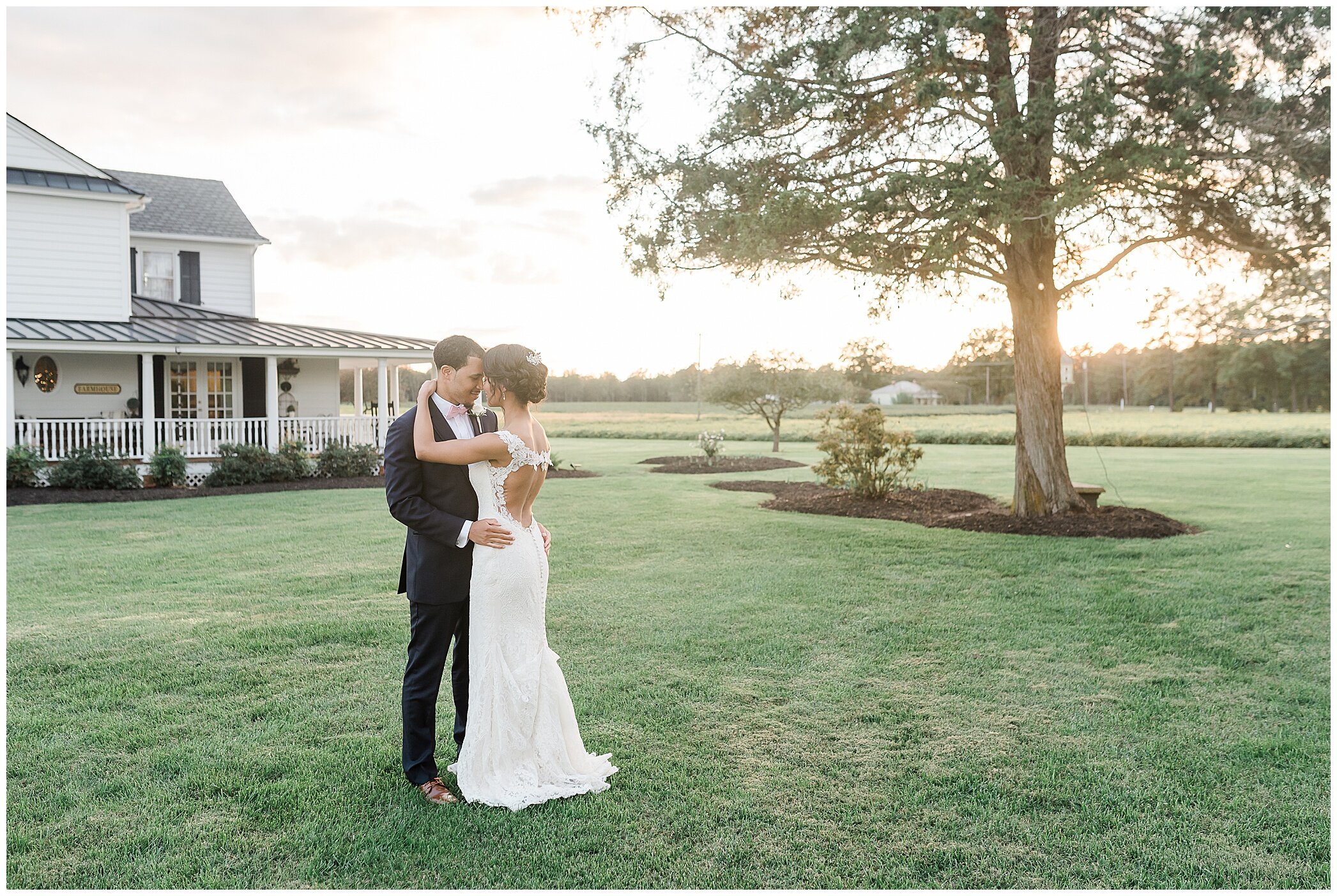 sunset wedding portraits of bride and groom at The Barns at Timberneck