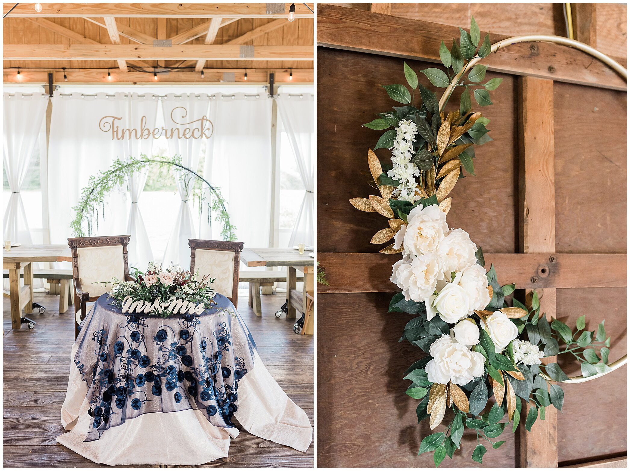 bride and groom's sweetheart tables with circle gold arbor